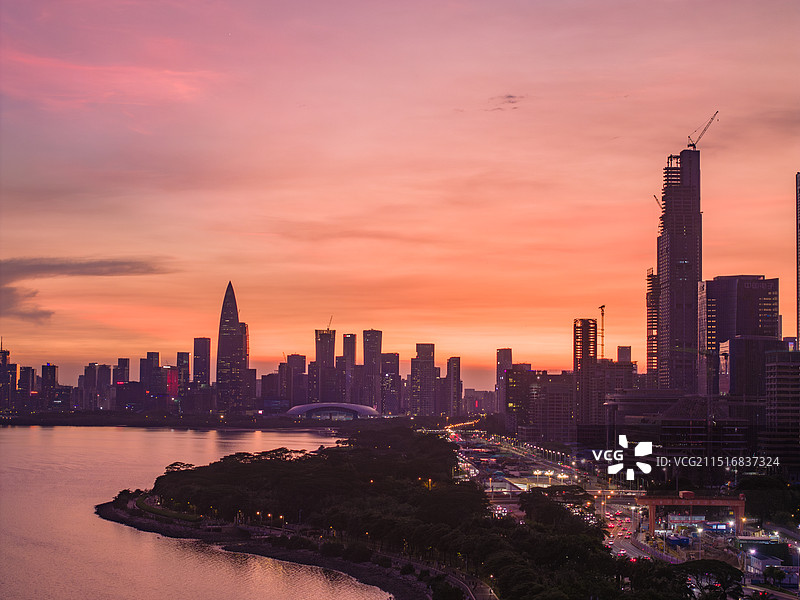 深圳湾公园晚霞航拍图片素材