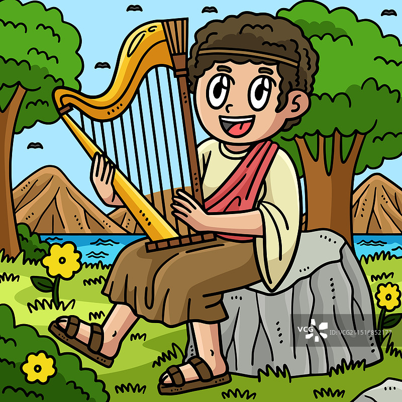 基督教大卫弹奏竖琴彩色卡通图片素材