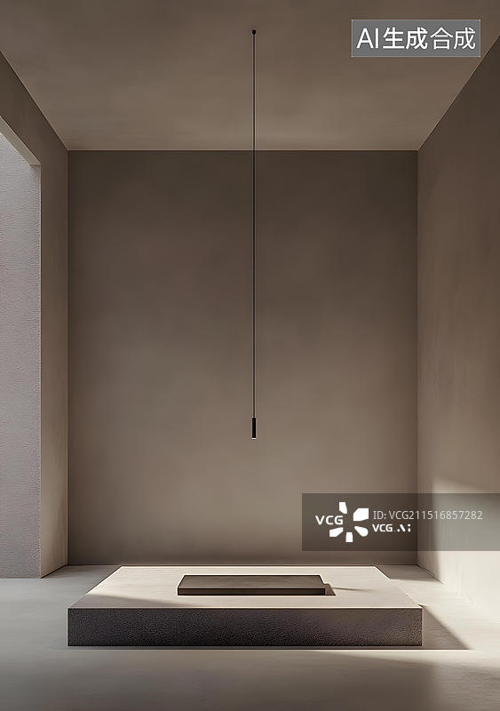 【AI数字艺术】极简主义室内设计，悬挂灯具和混凝土平台图片素材