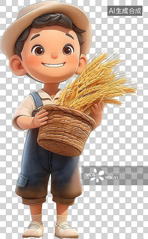 【AI数字艺术】男孩开心的抱着一筐麦穗图片素材