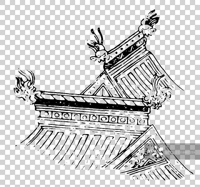 房子，屋檐，飞檐，供电，宫殿，线描，黑白，中国风，古典风格，插画，设计，元素图片素材