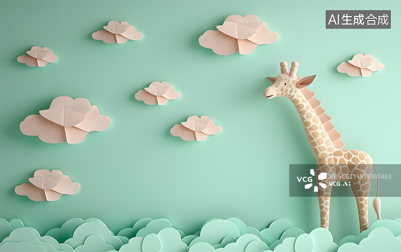 【AI数字艺术】剪纸风格一只可爱的长颈鹿图片素材