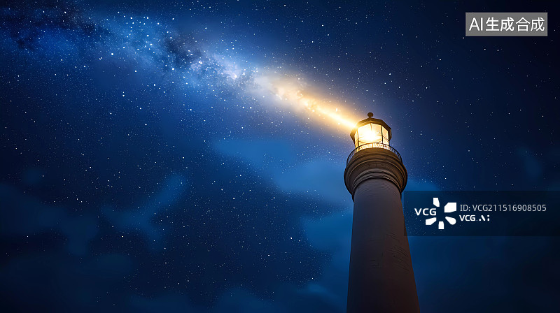【AI数字艺术】夜晚星空与灯塔图片素材