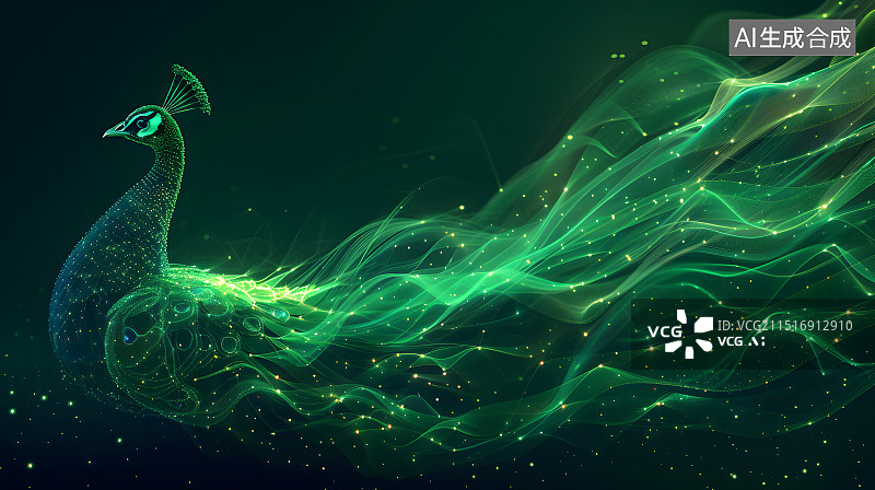 【AI数字艺术】元宇宙数字成像一只绿色的孔雀图片素材