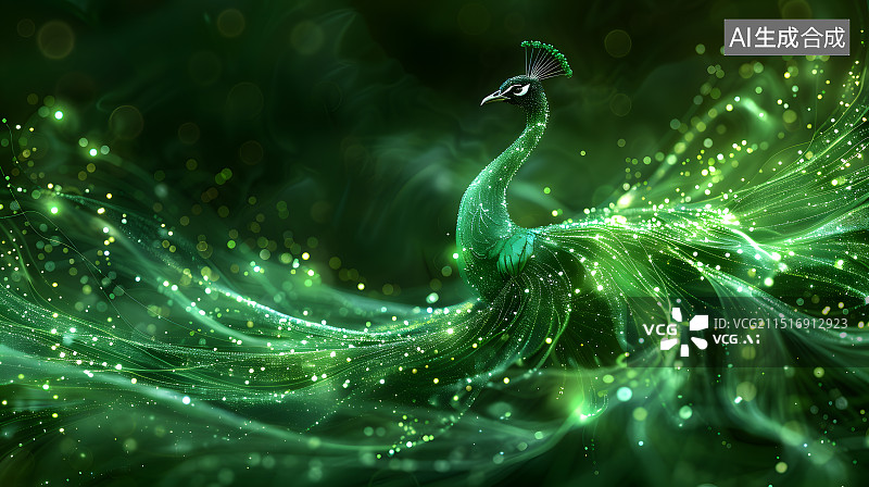 【AI数字艺术】元宇宙数字成像一只绿色的孔雀图片素材