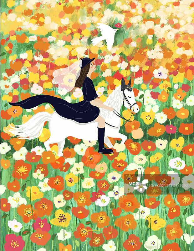 插画｜骑上白马穿过花海图片素材