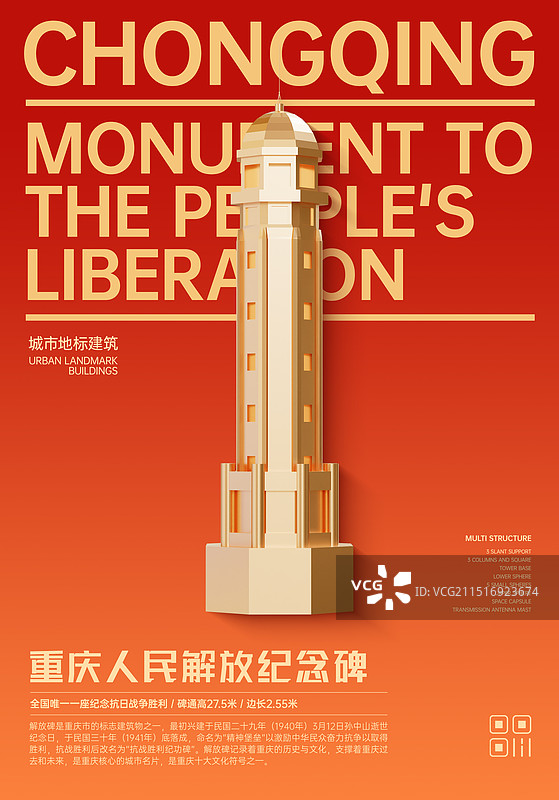 3D立体重庆解放碑地标建筑商业海报设计模板图片素材