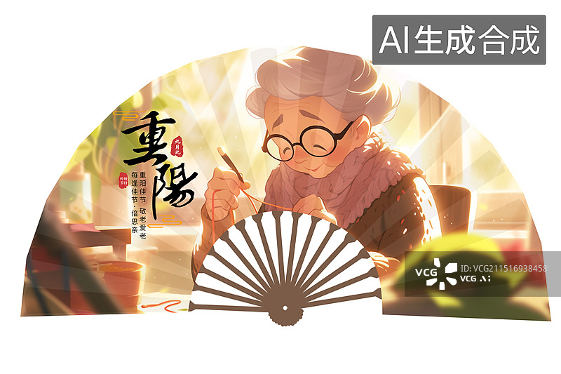 【AI数字艺术】重阳节折扇扇面插画海报模版 3D渲染 老奶奶在温暖阳光的屋子里穿针引线织毛衣插画场景 老人的退休生活图片素材
