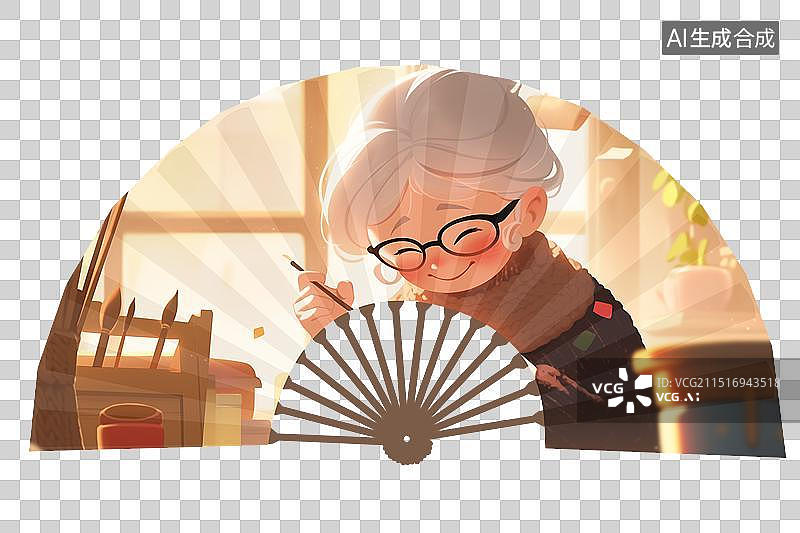 【AI数字艺术】重阳节折扇扇面插画 3D渲染 老奶奶在温暖阳光的屋子里穿针引线织毛衣插画场景 老人的退休生活图片素材