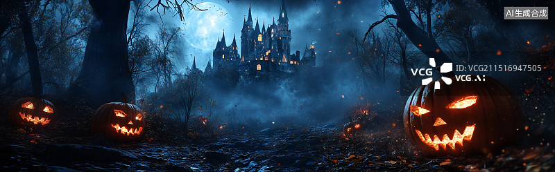 【AI数字艺术】万圣节黑暗城堡宽幅背景图片素材