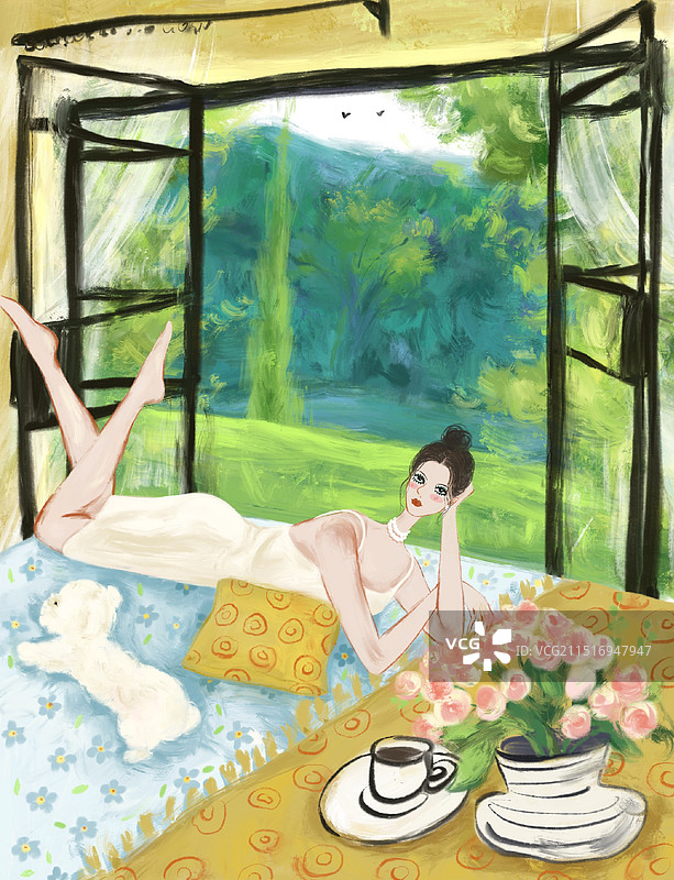 插画∣落地窗前，和萌宠一起享受下午茶时光图片素材