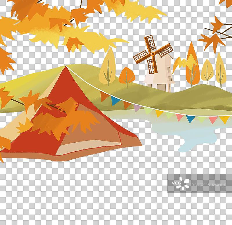 秋季露营风景枫叶风车帐篷免抠元素图片素材