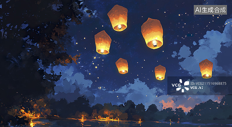【AI数字艺术】节日孔明灯漫天飞舞插画图片素材