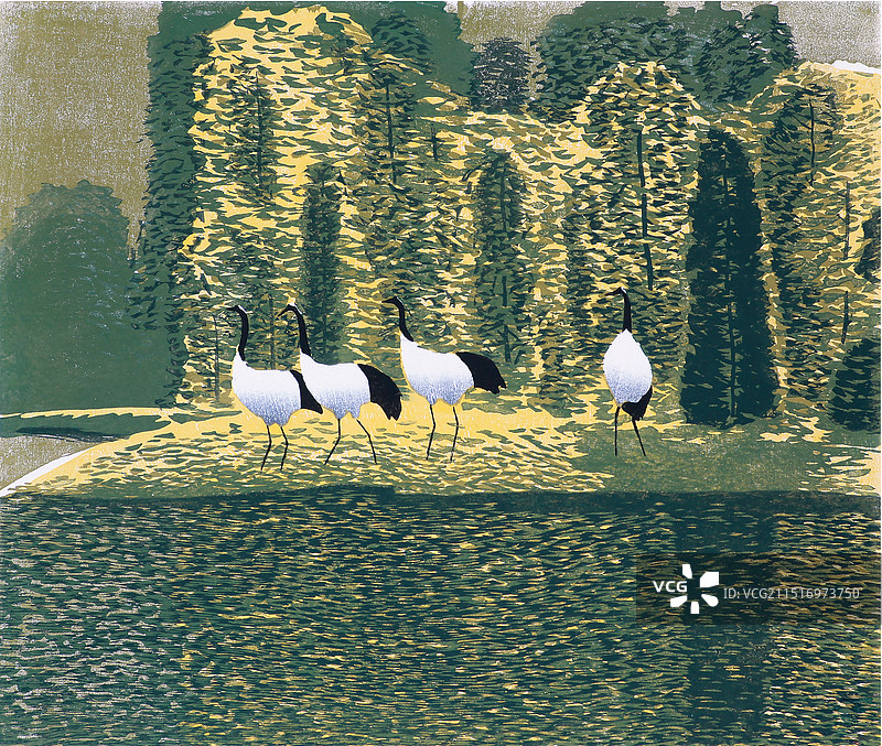 套色版画《湖畔秋色》图片素材