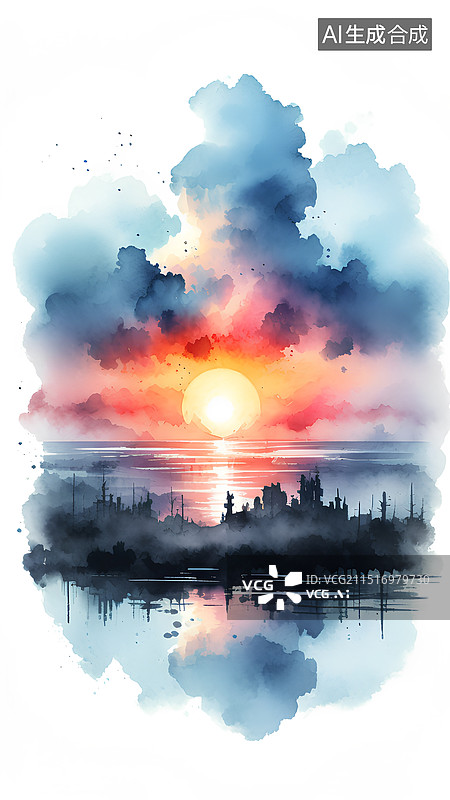 【AI数字艺术】水彩插画 日落时的天空景色图片素材