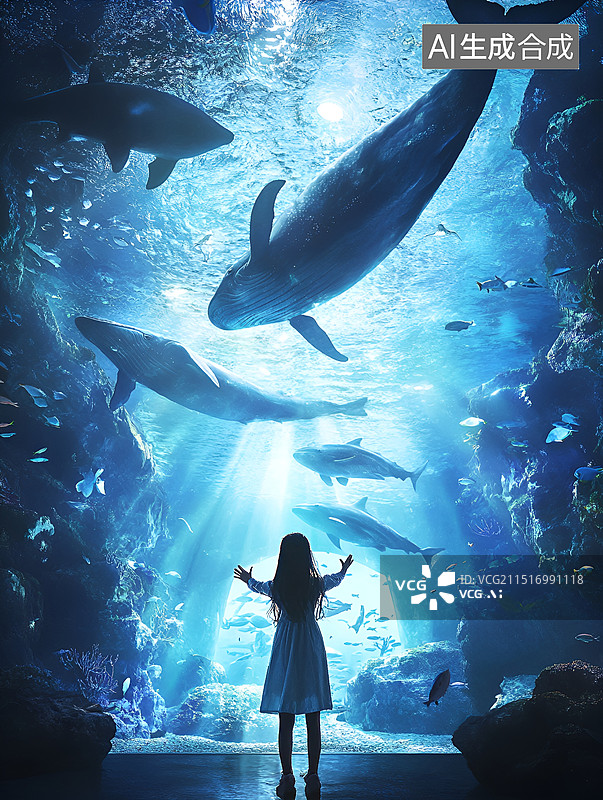 【AI数字艺术】水族馆里观赏鱼群的小女孩图片素材