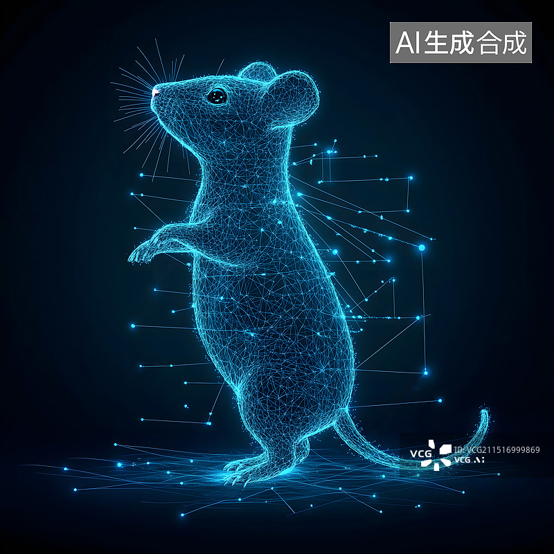 【AI数字艺术】黑色背景上的蓝色发光全息老鼠图片素材