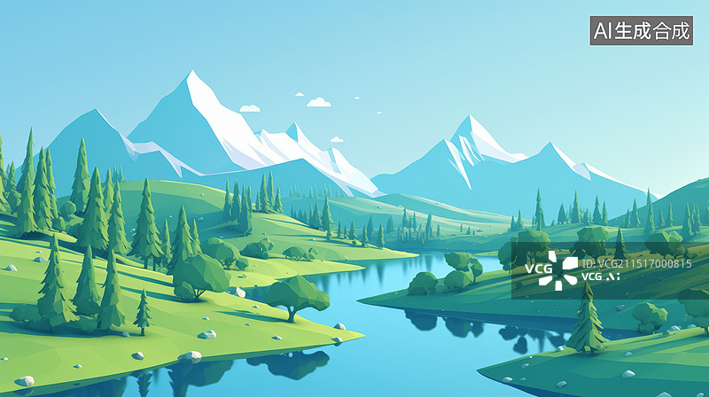 【AI数字艺术】河流和雪山风景扁平化风格图片素材