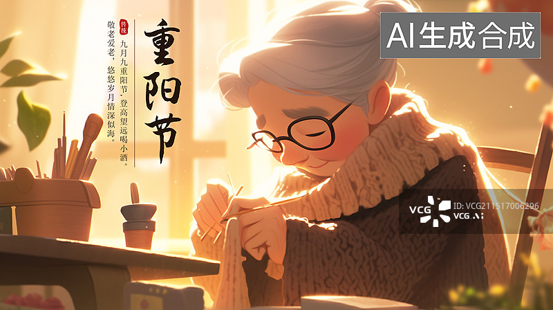 【AI数字艺术】重阳节关爱老人海报模版3D渲染 老奶奶在温暖阳光的屋子里穿针引线织毛衣插画场景 老人的退休生活 横版图片素材
