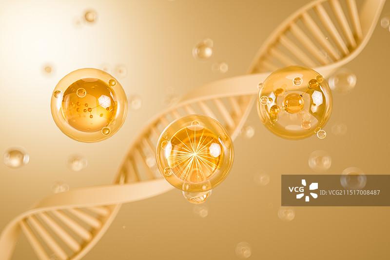 黄色色背景上的气泡特写镜头和DNA链图片素材