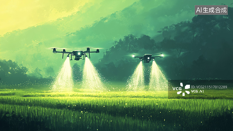 【AI数字艺术】晴朗天气空中喷洒农药化肥的无人机绘画插画图片素材