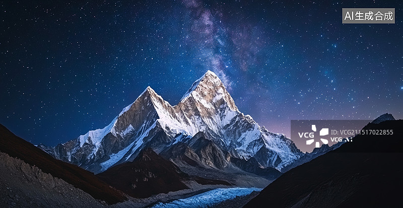 【AI数字艺术】大自然的雄伟奇观：雪峰上的银河图片素材