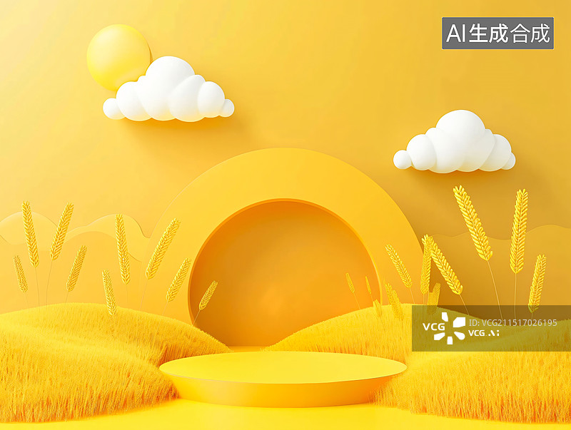 【AI数字艺术】黄色麦田卡通3D插画，产品展示的三维圆拱舞台背景图片素材
