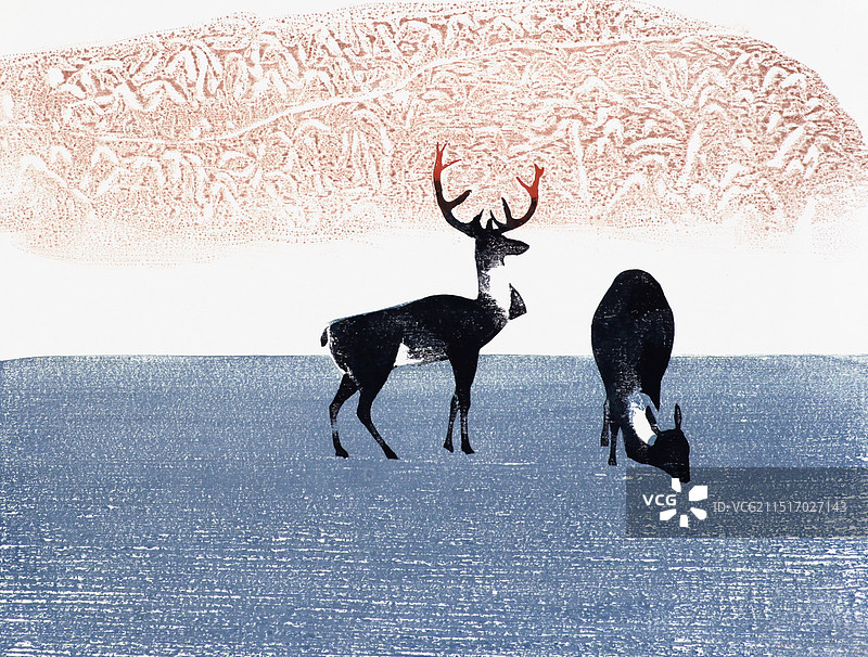 套色版画《冬日》图片素材