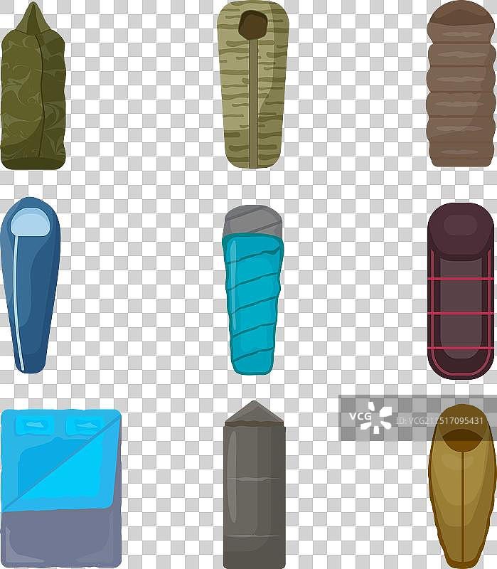 卡通冒险睡袋图标集图片素材