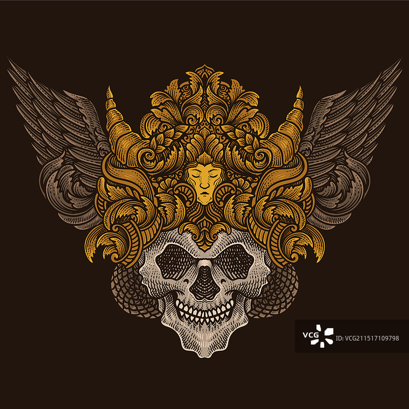 古董雕刻风格骷髅皇冠装饰图片素材