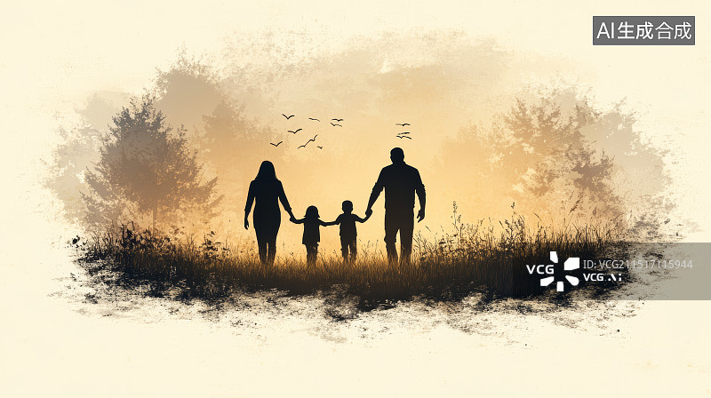 【AI数字艺术】夕阳下的一家四口手拉手剪影图片素材