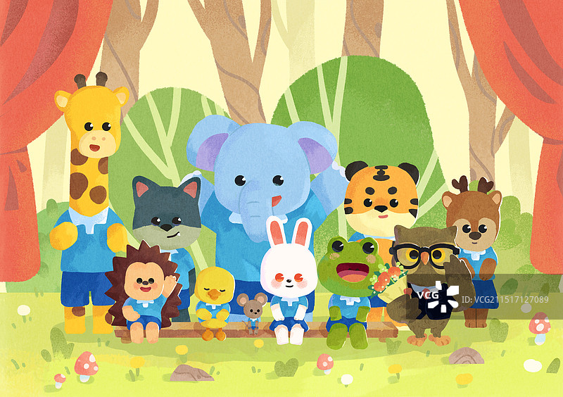 卡通动物夏季毕业季合影绘本插画图片素材