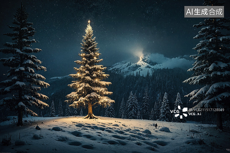 【AI数字艺术】雪夜圣诞树之光图片素材