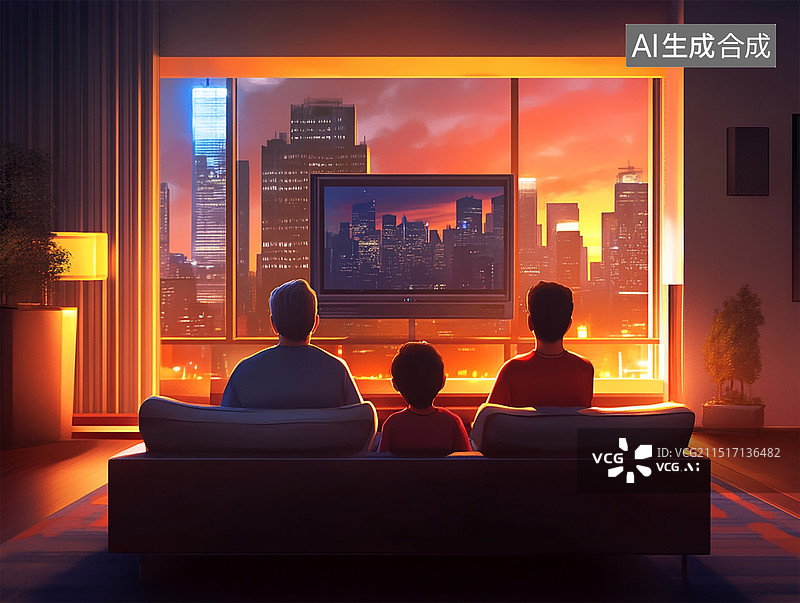 【AI数字艺术】一家三口看电视温馨场景图片素材