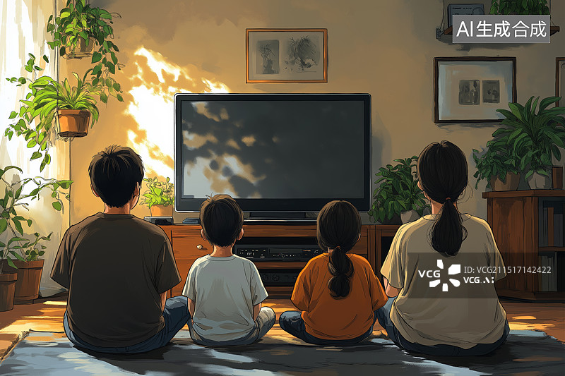 【AI数字艺术】一家人坐在一起看电视的场景插画图片素材