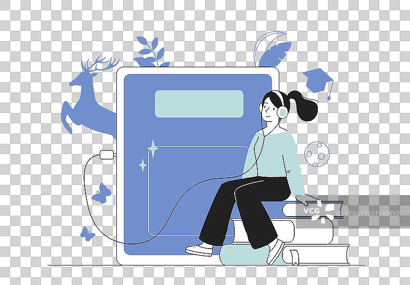 女人在书堆上听有声读物图片素材