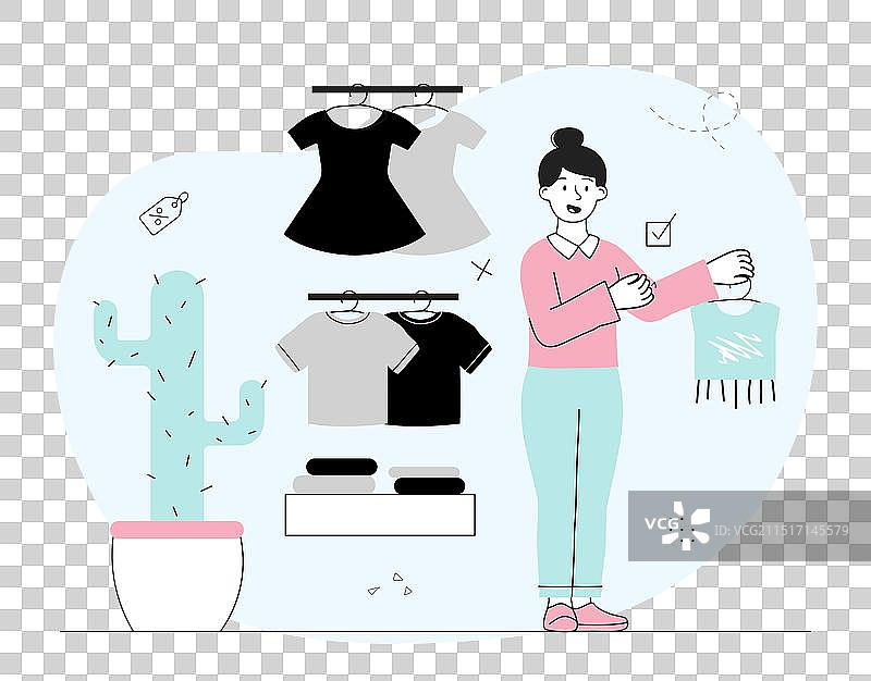 女人挑选衣服，女孩站在衣服旁边图片素材