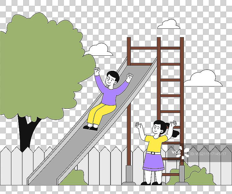 游乐场里的孩子：男孩和女孩在滑梯上图片素材