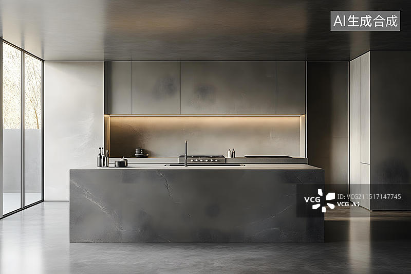 【AI数字艺术】现代厨房设计灰色橱柜和大型岛台图片素材