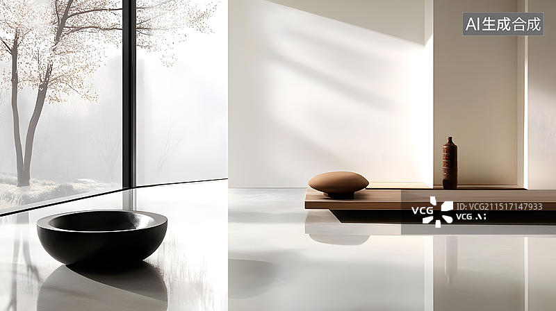 【AI数字艺术】极简风格的室内设计，自然光线与木质元素图片素材
