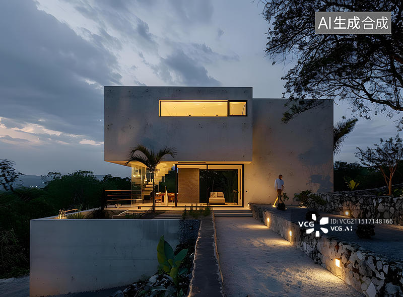 【AI数字艺术】现代水泥住宅带庭院和一个人在走图片素材
