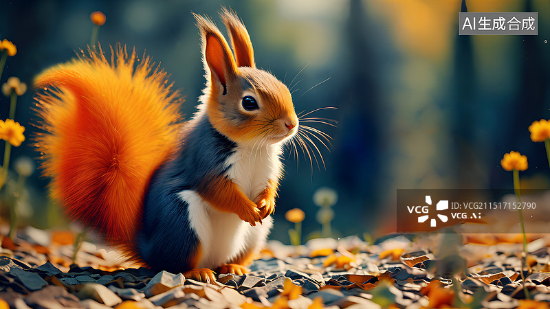 【AI数字艺术】动物手绘插画 站在地面上红松鼠图片素材