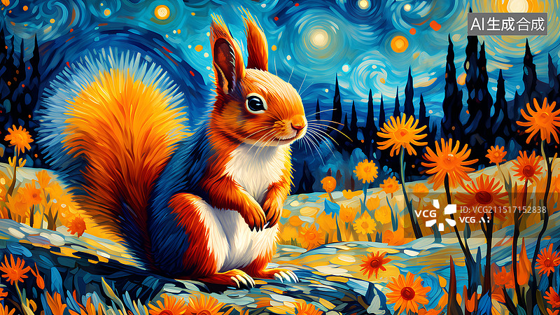 【AI数字艺术】动物手绘插画 站在地面上红松鼠图片素材