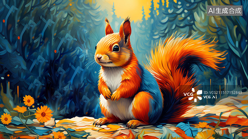 【AI数字艺术】动物手绘插画 站在地面上红松鼠图片素材