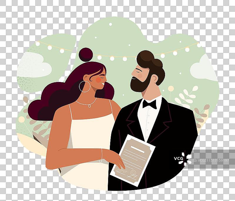 幸福的新婚夫妇与结婚证图片素材