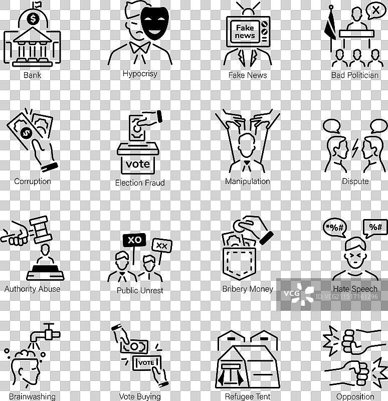 16个寡头政治线性图标包图片素材