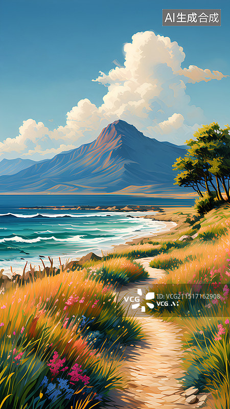 【AI数字艺术】风景插画 海岸边的花草 蓝天映衬下的海滩景色图片素材