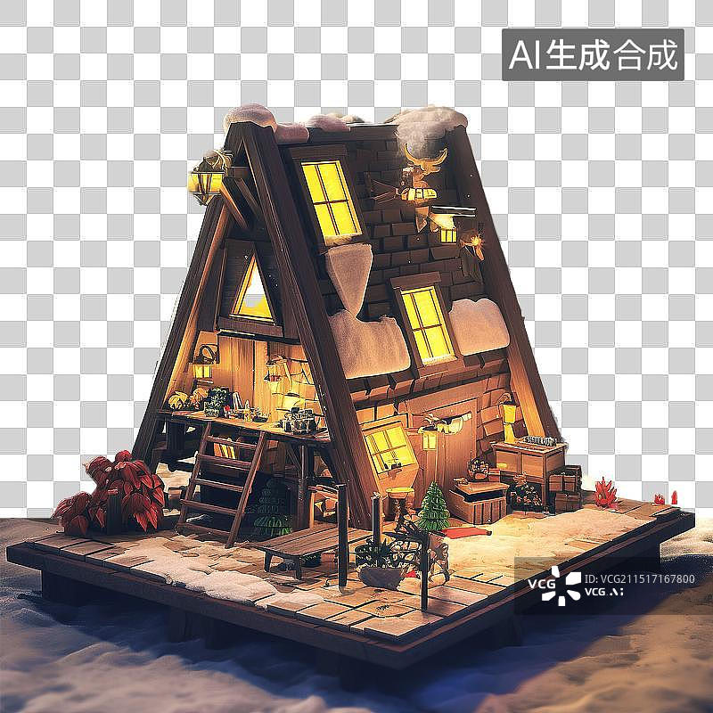 【AI数字艺术】3D冬季主题免抠元素-雪中木屋图片素材
