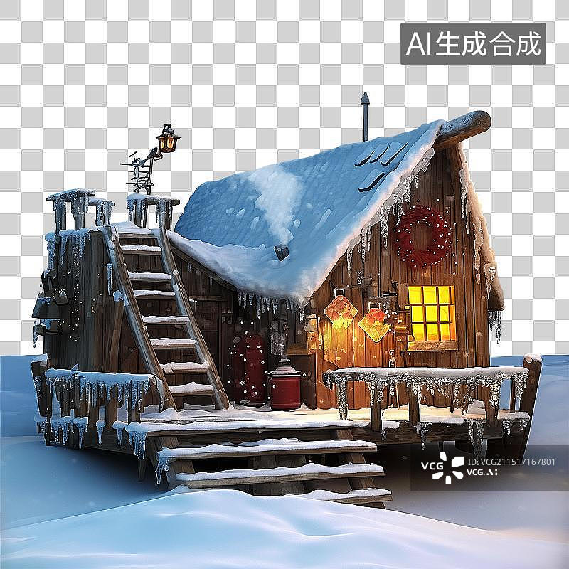 【AI数字艺术】3D冬季主题免抠元素-雪中木屋图片素材