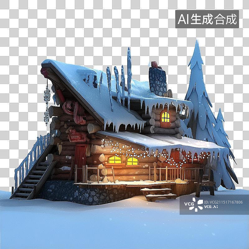 【AI数字艺术】3D冬季主题免抠元素-雪中木屋图片素材